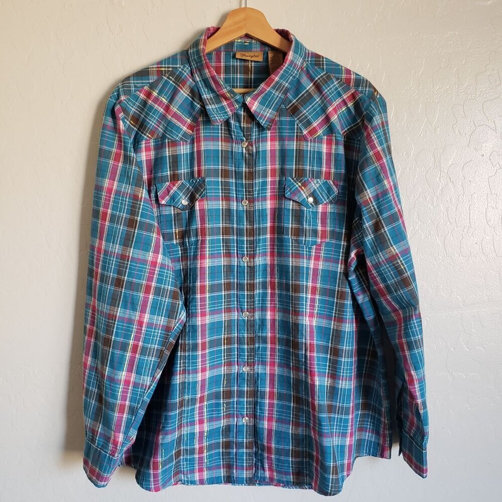 Wrangler Plaid Metallic Western Pearl Snap Shirt Long Sleeve Blue Sz Women's XXL